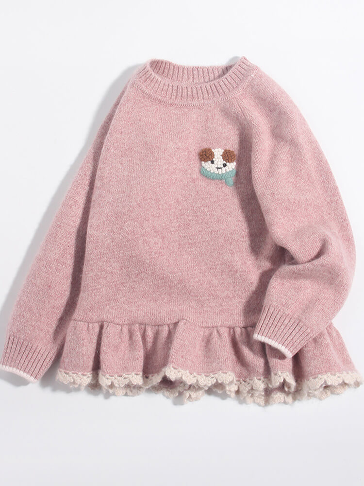 Girls Pink Cashmere Sweater with Puppy Patch and Ruffle Lace Hem